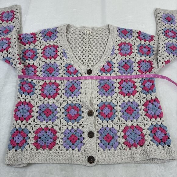 POL Granny Square Crochet Cardigan Sweater Tan, Prpl, Blue, Pink Boho Sz Small - Picture 5 of 11